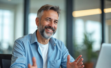 Obraz premium Smiling man in blue shirt talks into webcam. Mature business pro at desk uses laptop for online meeting. He gestures with hands during remote conversation.