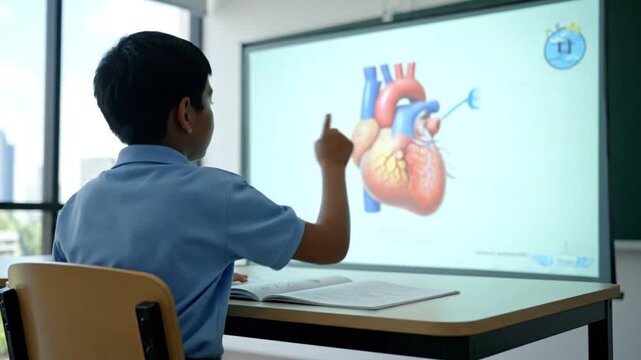 Young Boy Using Large Interactive Smart Board for Geography and Biology Lessons in a Modern Digital Classroom Environment