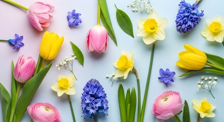 Colorful spring tulips, daffodils, hyacinths, and ranunculus with water droplets on a light blue background.