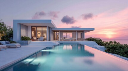 Modern luxury villa with infinity pool overlooking the ocean at sunset