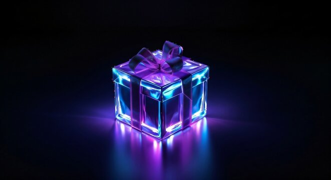 Illuminated neon gift box with elegant purple bow
