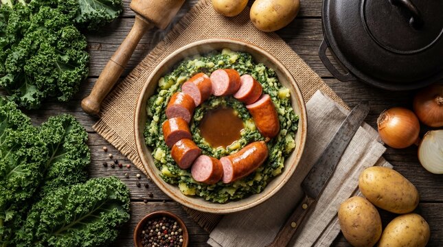Traditional Dutch Stamppot Boerenkool with Rookworst Rustic Flat Lay Food Photography