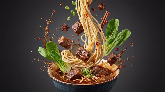 Levitation Exploded View of Taiwanese Beef Noodle Soup Niu Rou Mian Commercial Photography