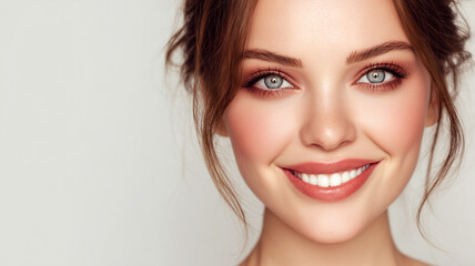 Portrait of beautyful woman with perfect smile  over gray background