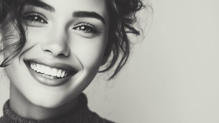 Black and white portrait of beautyful woman with perfect smile  over gray background
