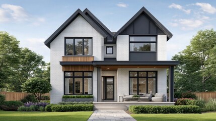 Fototapeta premium Modern two-story white brick house with dark accents and lush landscaping