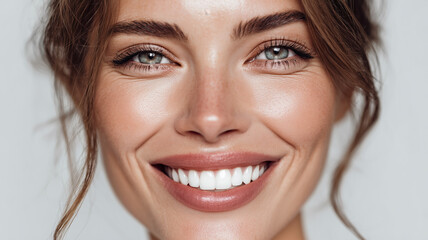Portrait of beautyful woman with perfect smile  over gray background