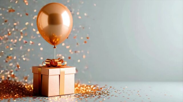 A gold balloon hovers above a gift box tied with a bow, with scattered gold confetti