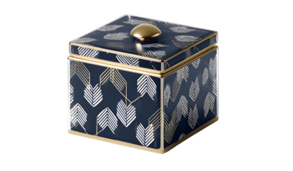 Elegant dark blue square gift box with golden handle and white leaf patterns for luxury packaging and celebration presents on transparent background for design projects