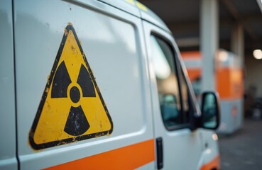 White van displays radiation warning symbol. Vehicle transports hazardous material for public safety. ADR agreement ensures secure road transport of dangerous goods.