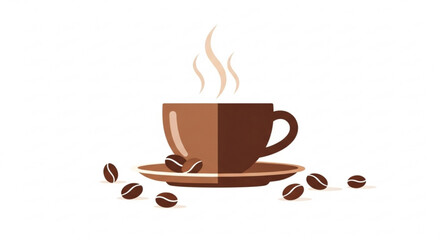 Obraz premium Steaming hot brown coffee cup on saucer with scattered coffee beans on white background