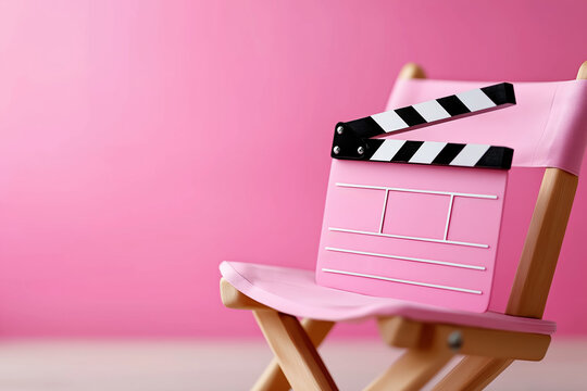 Clapper rests on a director's chair in a studio lit area in pink colors. The chair features a pink color and is ready for action. The scene captures a film production moment with tools present.