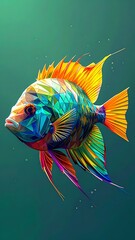 Abstract polygonal fish with bright vibrant colors on a blurred blue-green background, floating gently
