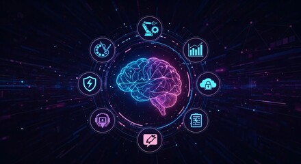 Illuminated neural network brain with surrounding tech icons