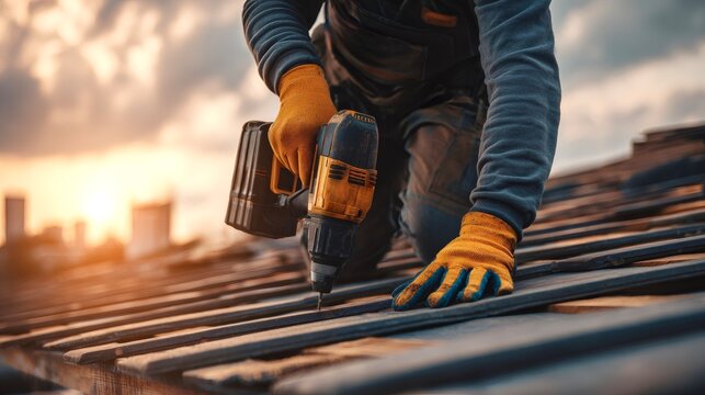 Construction worker wearing protective gloves installing new roof tiles on a house during renovation, using a powerful cordless electric drill against a warm sunset sky