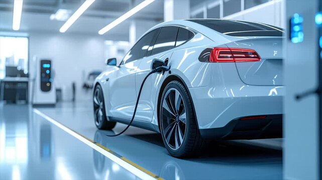 A white electric car is charging in a modern, brightly lit facility; a person walks by