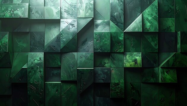 Abstract wall of textured, green geometric cubes, illuminated by diffused light creating depth and shadows