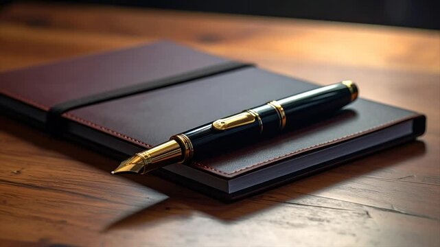 A luxurious black and gold fountain pen rests atop a bound leather notebook on a wooden surface