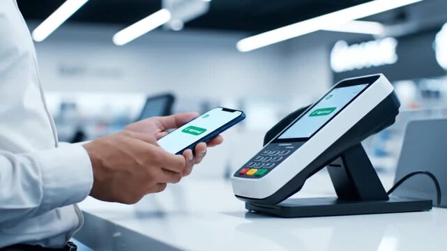 Customer Using Smartphone for Contactless NFC Payment at a Modern Retail Terminal with Digital Success Confirmation