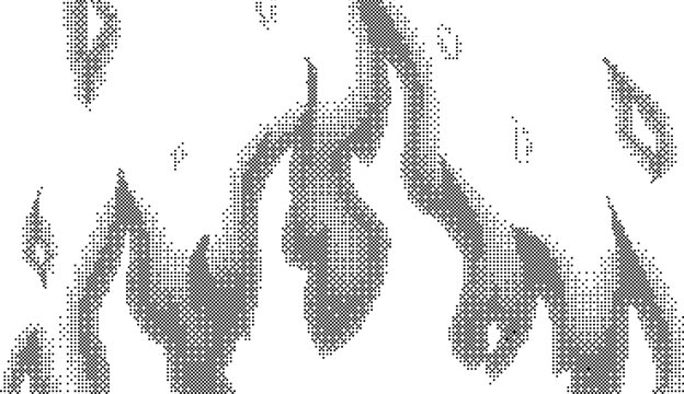 Abstract dithered fire flame patterns in retro black and white halftone pixel art style