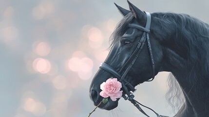 Obraz premium Elegant black horse holding a flower isolated on the white and pink shinning background 