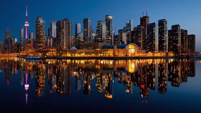 Cityscape Reflected: A stunning panorama of a city skyline at dusk, mirrored perfectly in the tranquil waters below, creating a captivating display of urban beauty.