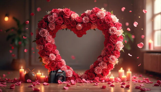 Heart shape made of red and pink roses. Romantic scene with candles and falling petals. A vintage camera is placed on the wooden floor amongst scattered rose petals.