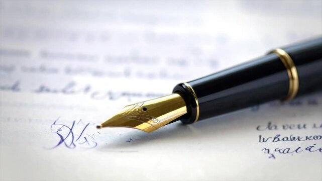 Close-up of a fountain pen with gold nib resting on a paper with cursive writing
