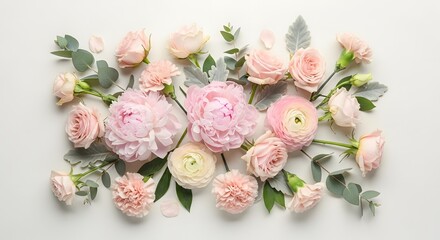 Elegant flat lay of soft pink peonies, roses, ranunculus, and eucalyptus leaves.