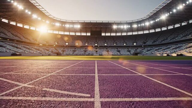 Empty stadium with starting blocks ready for a track and field race.