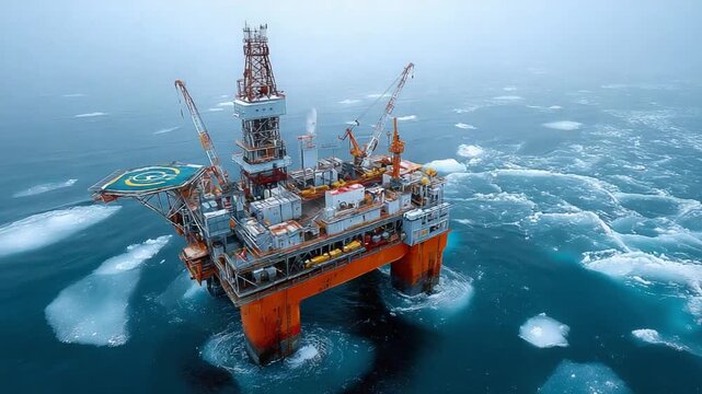 Offshore Drilling Platform Amidst Ice: An imposing offshore drilling platform, a testament to human engineering, stands defiantly amidst a vast expanse of icy sea. A scene where human meets nature.