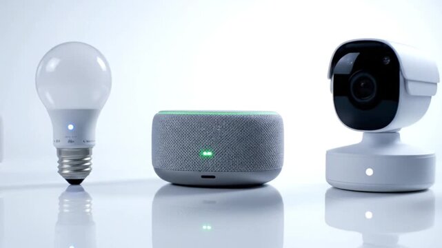 Smart Home Devices Setup Including Voice Assistant Speaker Security Camera and LED Lightbulb on a White Surface with Interactive Glow Rings