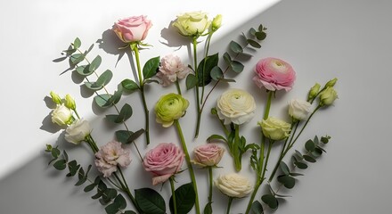 Assortment of pastel roses and eucalyptus branches arranged on a white surface with natural light.