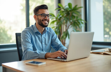 Fototapeta premium Young man works on laptop at desk in modern office. He smiles confidently while looking at screen, wearing glasses and blue shirt. Phone and notebook are nearby on table.