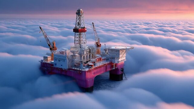 Drilling Rig Above the Clouds: A towering offshore drilling rig pierces through a sea of clouds, its structure a testament to human engineering against a backdrop of the sky. 