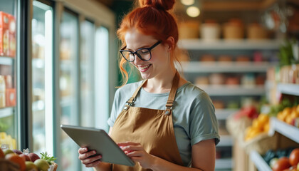 Woman owner with red hair uses tablet in small grocery store. She checks inventory beside shelves stocked with fresh produce and drinks. Happy businesswoman manages her shop.