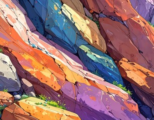 An illustration of rock formations with vibrant colors and sharp, stylized lines