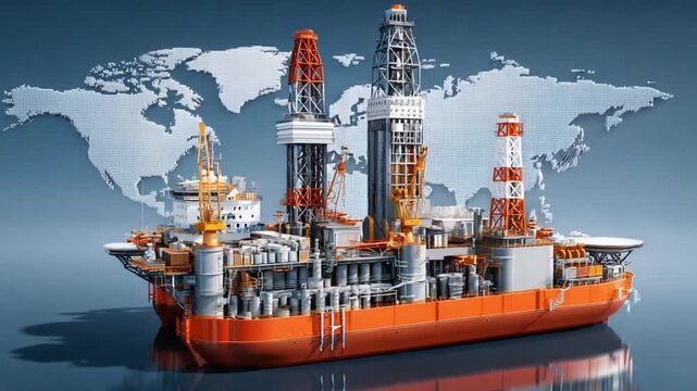 Oil Rig in Action: A detailed image of an oil rig, a crucial tool for energy, is featured against a backdrop of a world map, symbolizing global resources.
