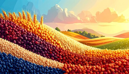 An illustrative hillside covered in a variety of grains, bathed in warm, golden sunlight, with distant rolling hills