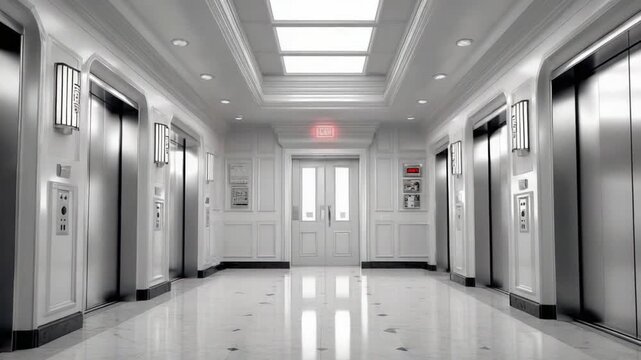 Elevator Hallway: An elegant and symmetrical elevator hallway with a bright, clean, and modern design, featuring multiple elevators and polished floors, creating a sense of luxury and functionality.