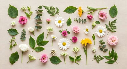 Assortment of vibrant flowers and green leaves arranged on a light wooden background.