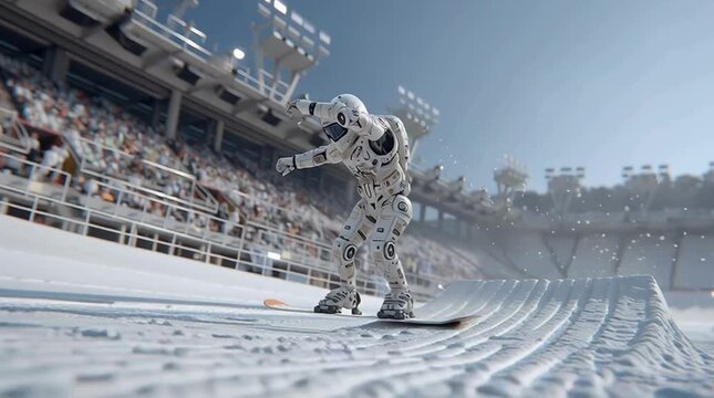 Robotic Snowboarder Performing Tricks on a Snowy Slope in Stadium Setting