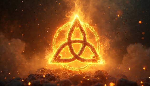 Golden triquetra symbol burns with fire, light. It rests on dark ground with smoke, stars around. Mystic Celtic knot glows with radiant energy. Mystical symbol of trinity appears with bright aura.