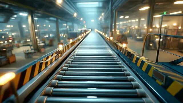 Production Line's Path: A captivating view of a factory's heart, with a long, metallic conveyor belt stretching into the distance. It evokes the essence of industry, automation.