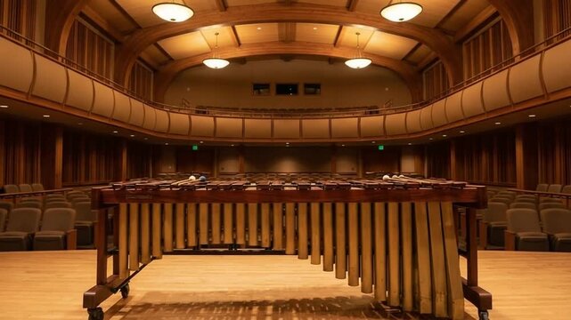 marimba placed inside a wooden concert hal zoom in video