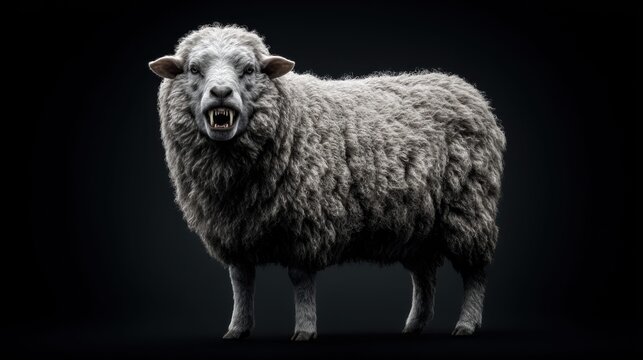 Fierce sheep with sharp teeth and menacing stare, a wolf in sheep's clothing concept