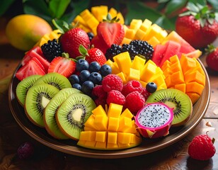 A vibrant platter of assorted fresh fruits, including strawberries, mangoes, kiwi, berries, and dragon fruit, arranged on a circular plate