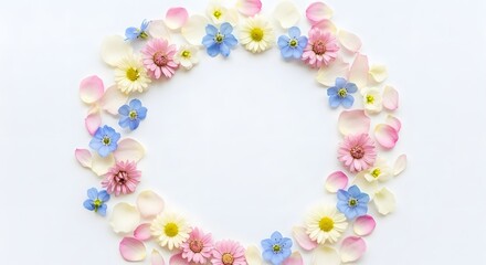 Circular frame of colorful small flowers and petals on a white background, top view.