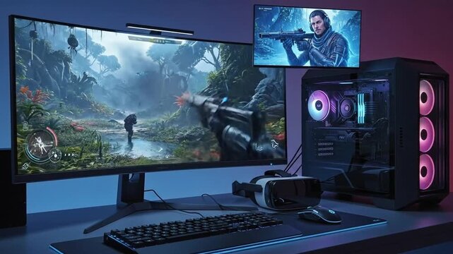 Modern gaming setup with a powerful desktop computer displaying a high-definition video game on a large monitor, surrounded by a keyboard and VR headset, in a dark room.