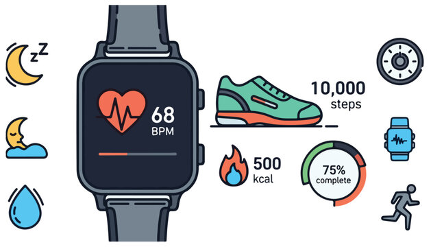A smartwatch displaying heart rate, surrounded by icons representing various health and fitness tracking features like sleep, steps, calories, and hydration.